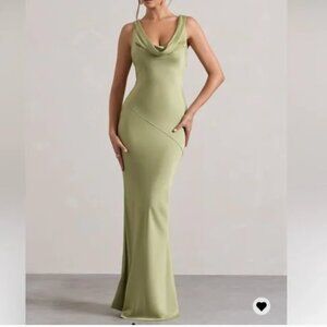 Club L London - Alesso Light Olive Satin Cowl-Neck Maxi Dress